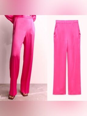Zara Vibrant Pink Wide-Leg Satin Pants Sz XL